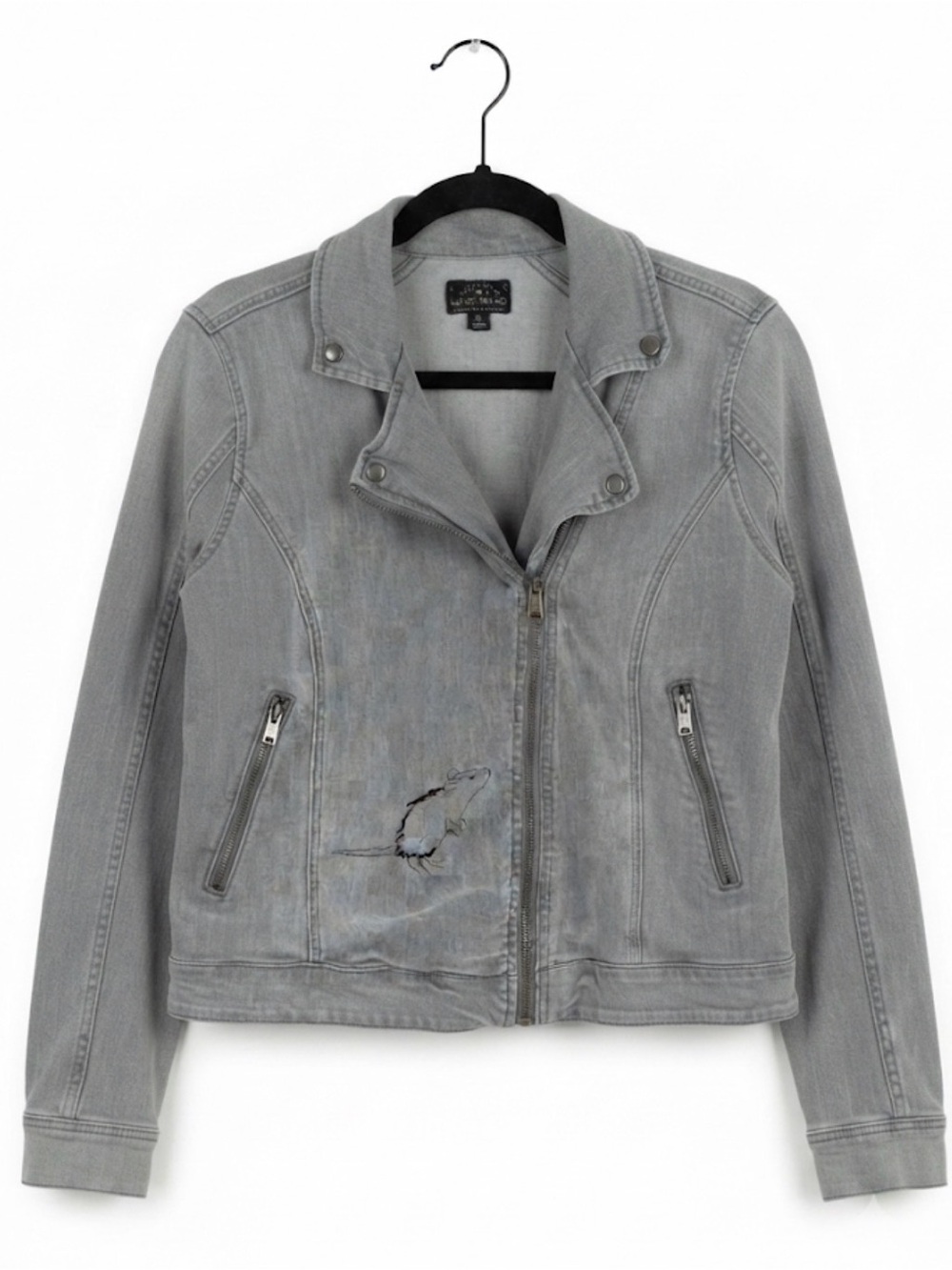 Lucky Brand Gray Denim Moto Jacket Size XL – Embroidered Rat Detail